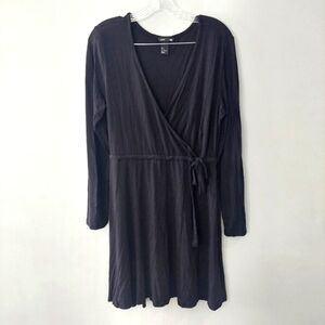 H&M basic dress large black knee length longsleeve v-neck elastic tie waist